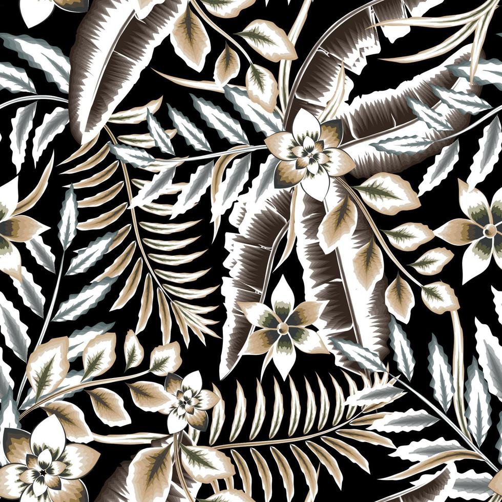 hojas tropicales vintage de patrones sin fisuras con hojas de helecho de plátano marrón y plantas de flores de frangipani abstractas y follaje sobre fondo nocturno. fondo claro fondo floral. papel pintado de la naturaleza. antiguo vector