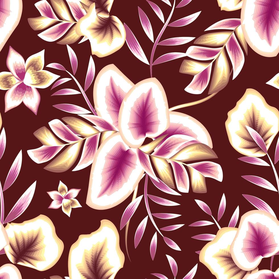 light pink tropical leaves seamless pattern with floral plants and foliage on red maroon background. autumn seamless pattern. spring background. Floral background. botanical pattern. Summer design vector