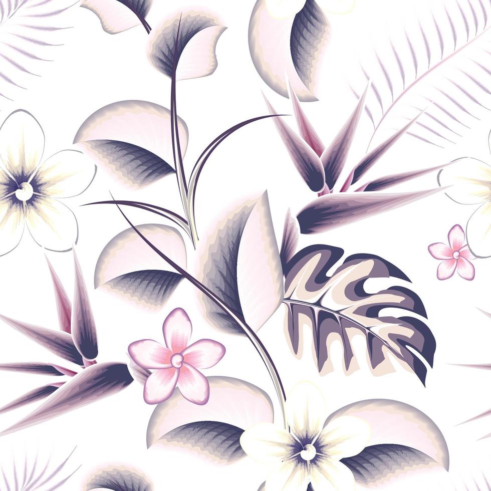 patrón sin costuras de papel tapiz de naturaleza vintage con hojas tropicales y follaje de plantas florales sobre fondo blanco. fondo floral. fondo de pantalla de plantas de la selva. patrón de fondo tropical. diseño de verano vector