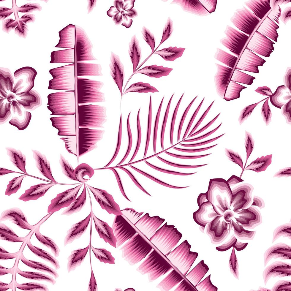 pink banana palm leaves seamless pattern with abstract jasmine flowers and tropical plants foliage on white background. Floral background. botanical background. nature wallpaper. tropical background vector