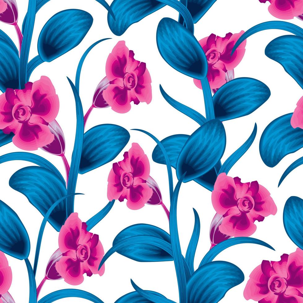 abstract pink flower with blue leaves tropical seamless pattern on light background. floral background. Exotic tropics. Summer Vector design. Jungle print. nature wallpaper. tropical background