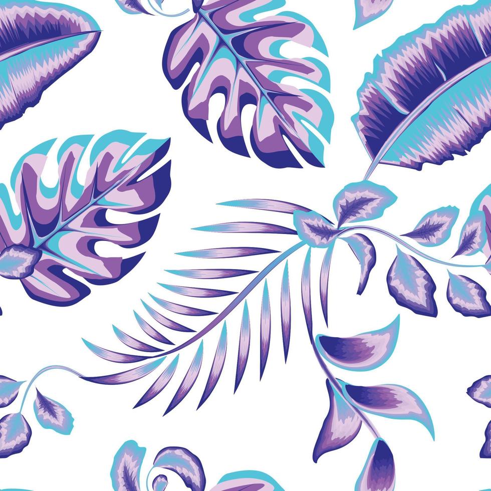 El helecho de plátano tropical azul cielo deja un patrón sin costuras con una hoja de monstera colorida sobre fondo blanco. patrón tropical sin costuras de verano. papel pintado tropical. textura de moda. papel pintado de la naturaleza vector