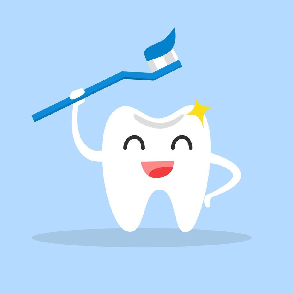 lindo concepto de dientes, lindo personaje de dientes de dibujos animados  blancos sanos con cepillo de dientes azul, concepto de odontología infantil  ilustración vectorial 10790885 Vector en Vecteezy