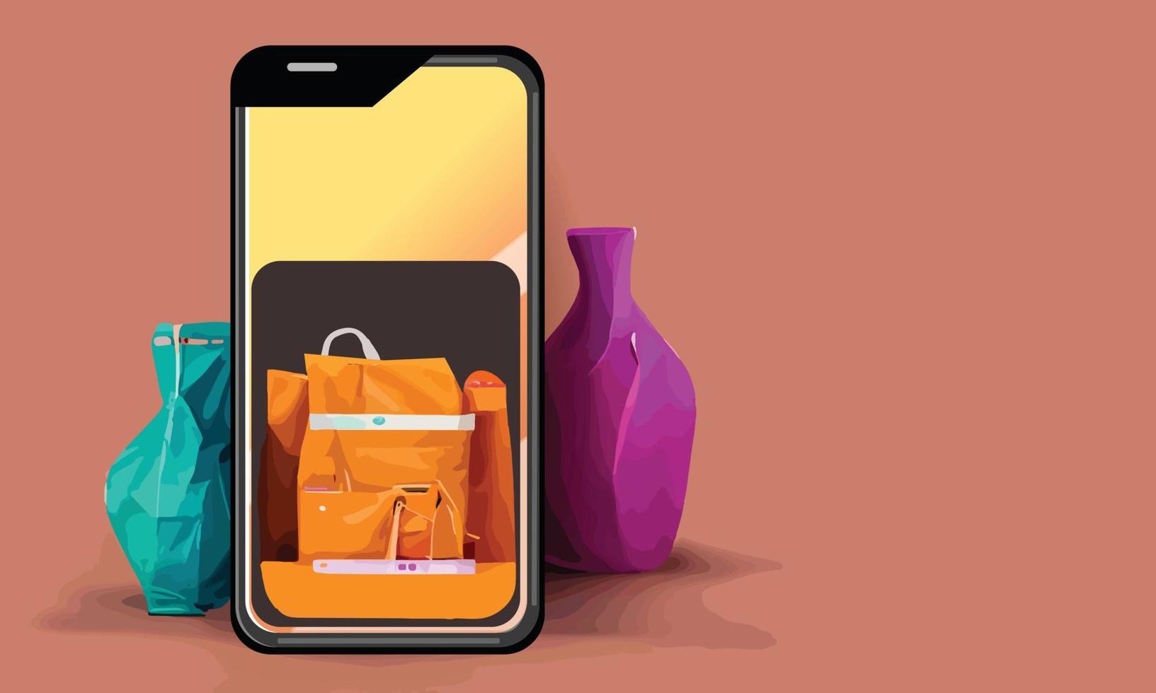 compras en línea o ilustración del concepto de entrega 3d vector show trolley, bolsas y cajas. moderno diseño de moda colores brillantes en el teléfono inteligente