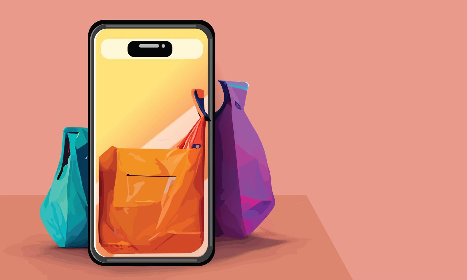 Online shopping or delivery concept illustration 3d vector show trolley, bags and boxes. Modern trendy design bright colors on smartphone