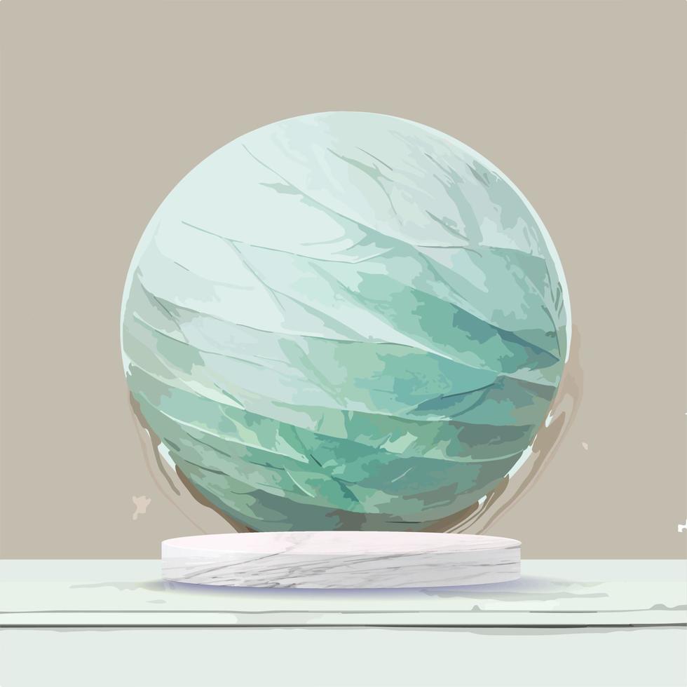 Abstract white round corner pedestal podium, Light blue empty room with green palm leaf, blue and white sphere. Vector with wood texture marble