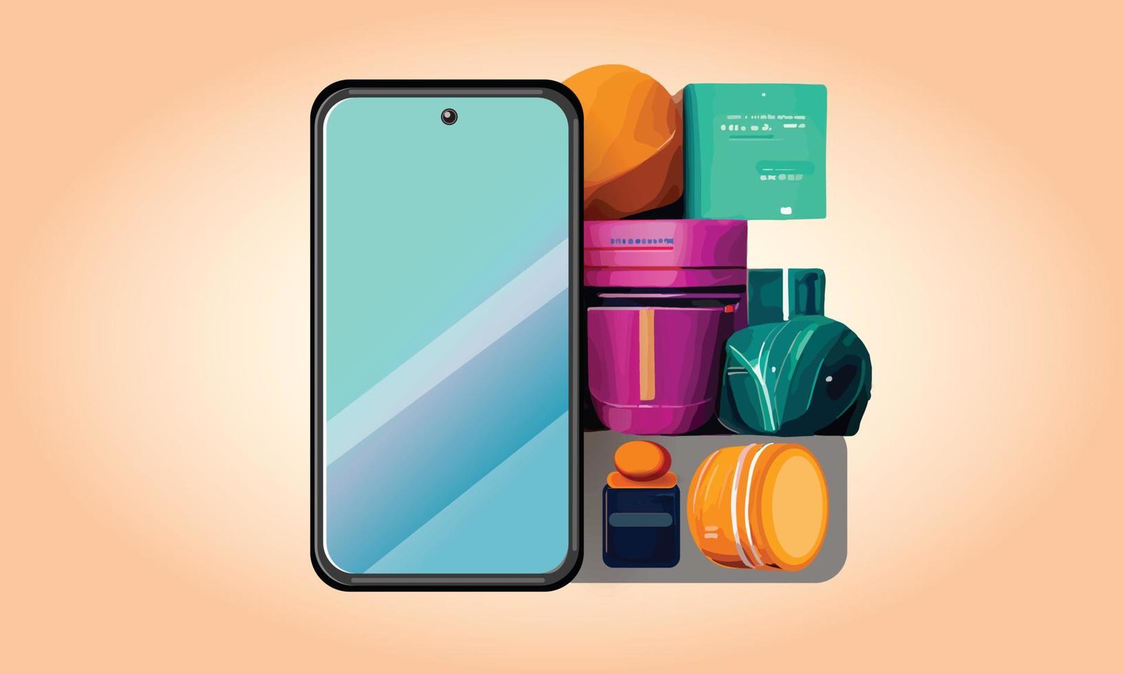 Online shopping or delivery concept illustration 3d vector show trolley, bags and boxes. Modern trendy design bright colors on smartphone