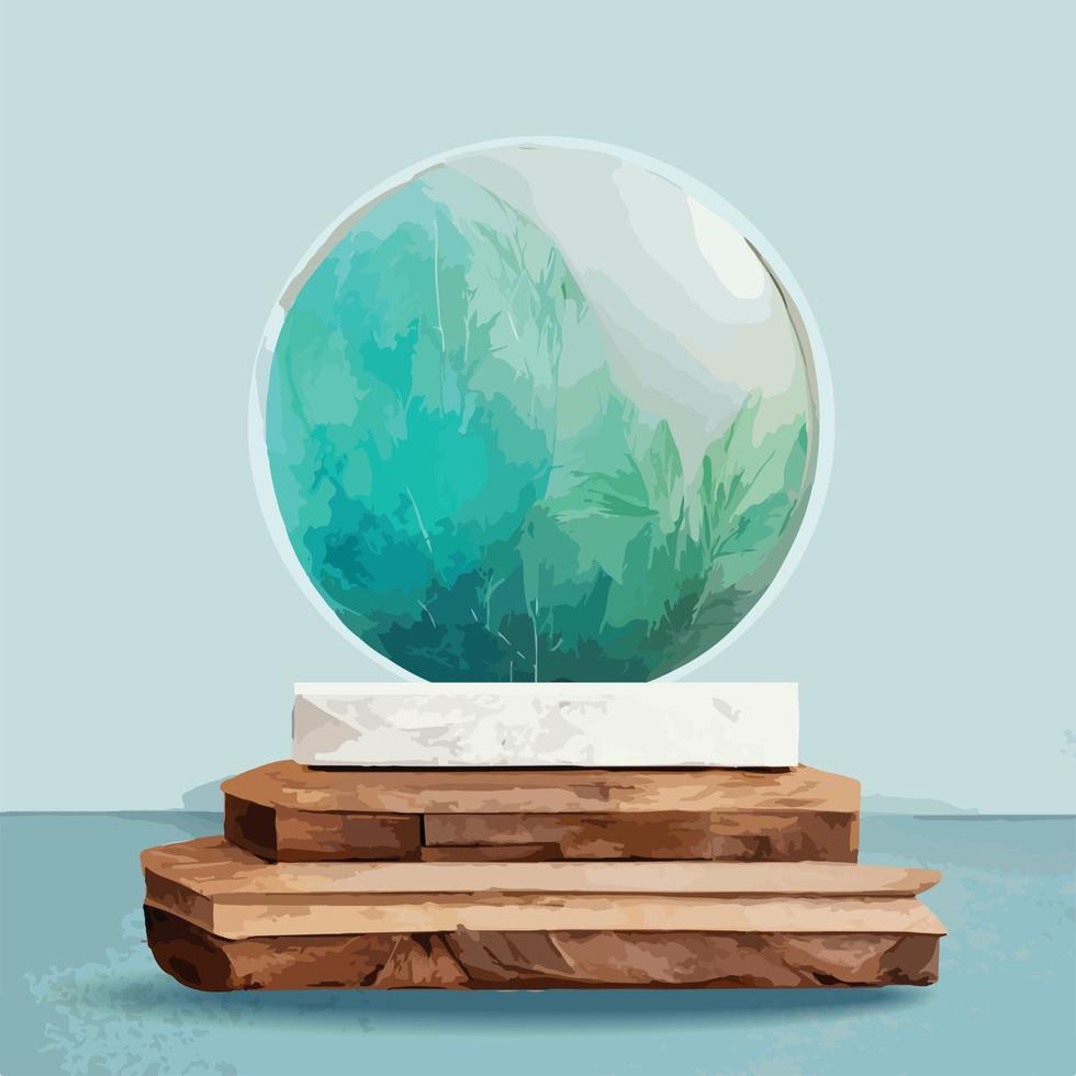 Abstract white round corner pedestal podium, Light blue empty room with green palm leaf, blue and white sphere. Vector with wood texture marble