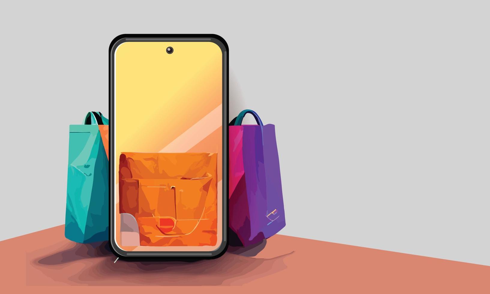 compras en línea o ilustración del concepto de entrega 3d vector show trolley, bolsas y cajas. moderno diseño de moda colores brillantes en el teléfono inteligente