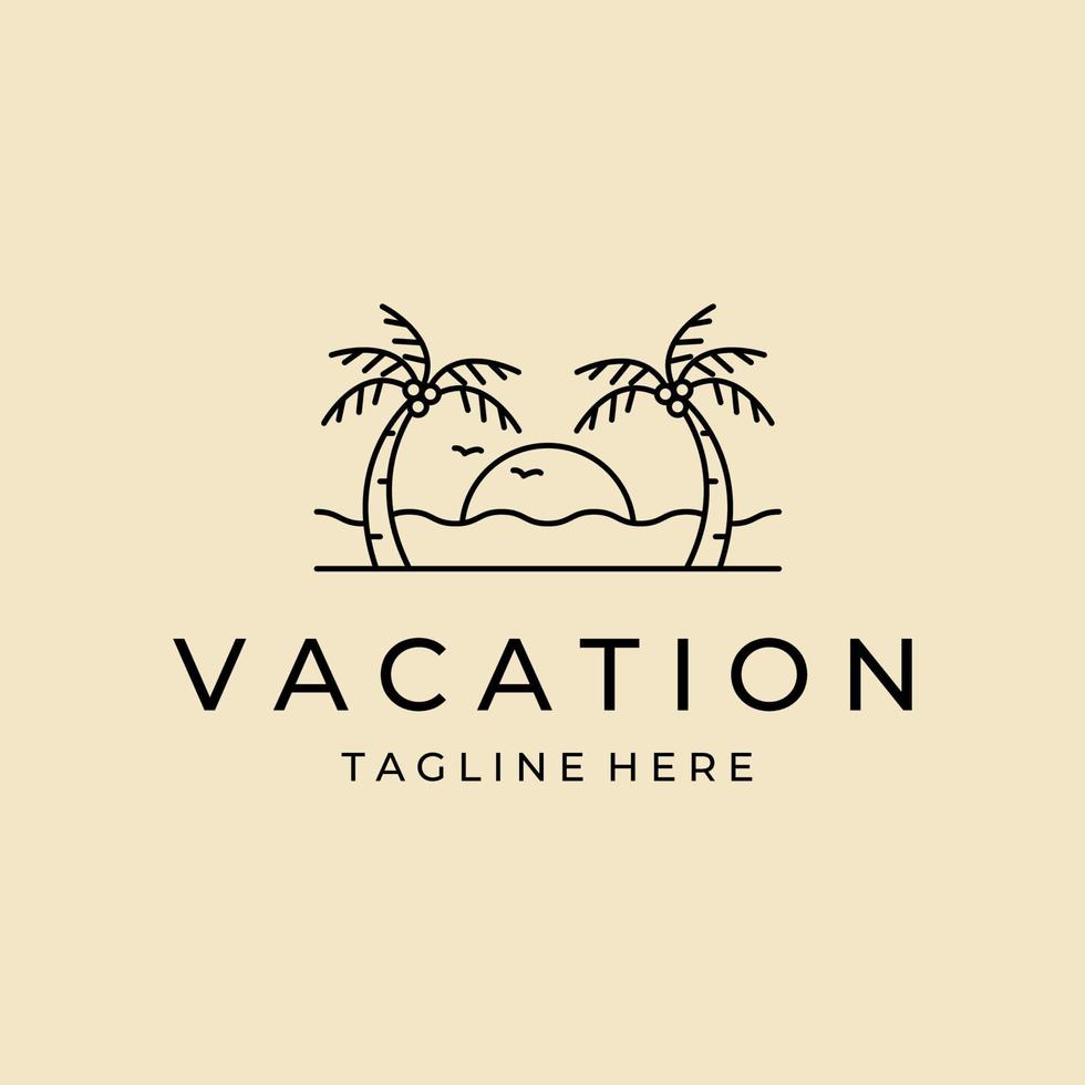 logotipo de arte de línea de resort con vista a la playa y cocoteros vector