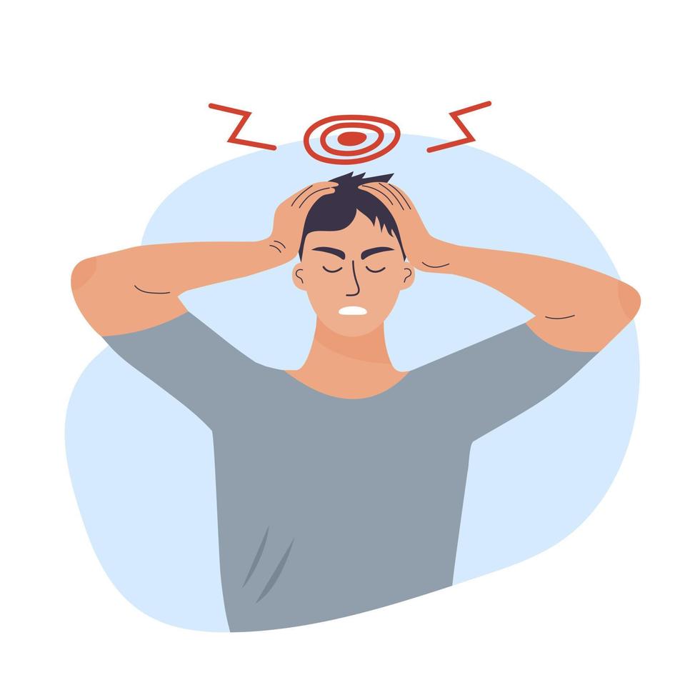 Sad man is holding his head with his hands. Man suffers from headaches and migraines. vector