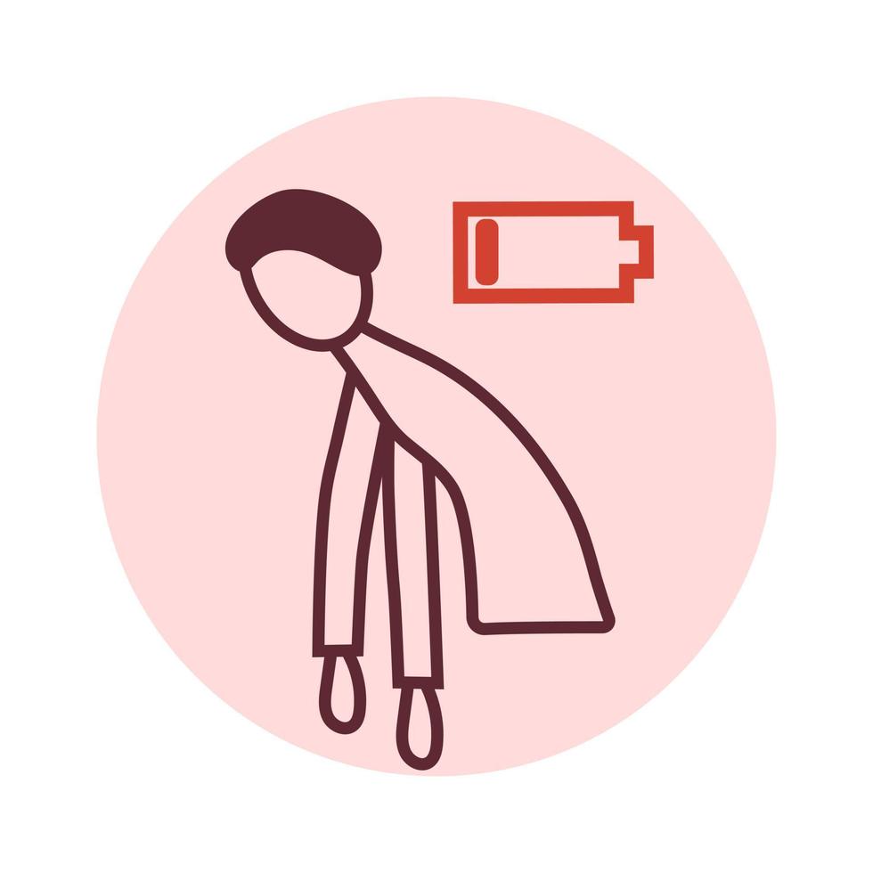 Exhausted, no energy icon. Linear pictogram of chronic tired man, exhausted person, male character feeling weak, low battery energy state. vector