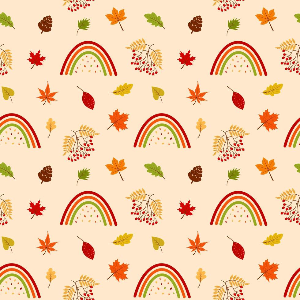 Seamless pattern with rainbow, rowan, pinecone and autumn leaves. vector