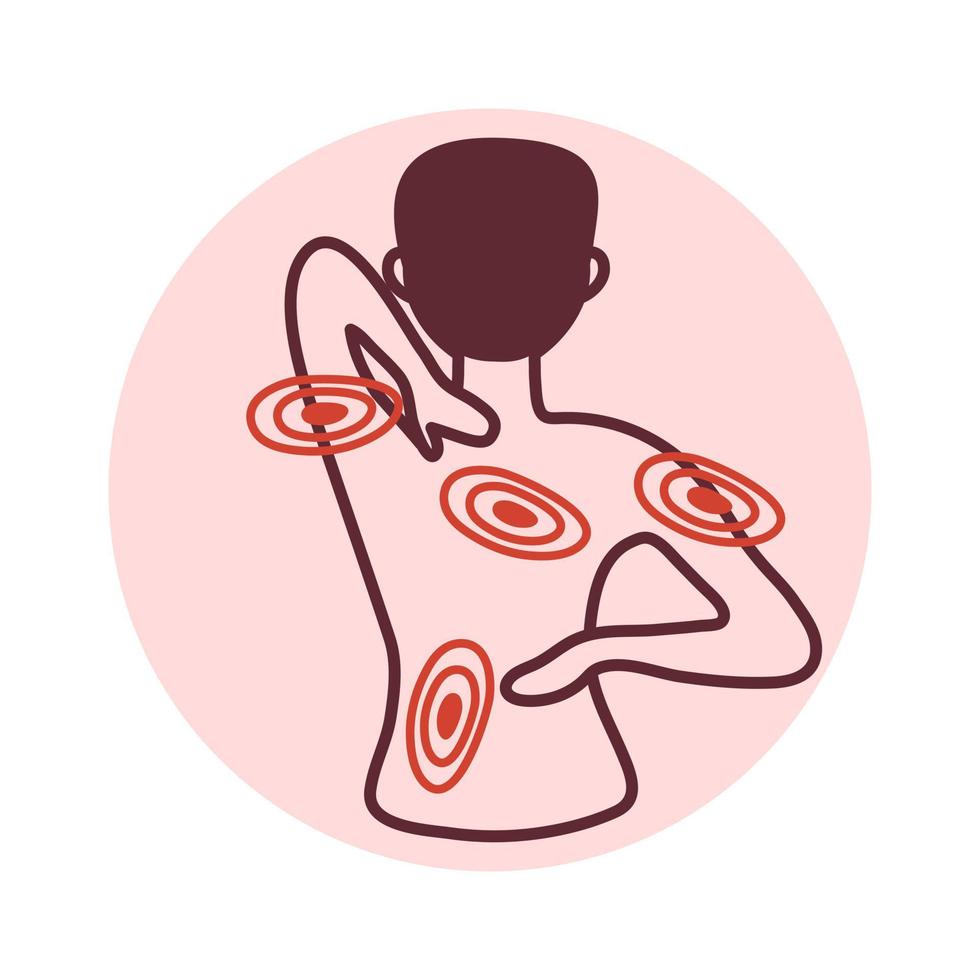 Back and muscle aches icon. Person suffering from pain in the back and muscle. Neck pain. Trapezius muscle spasm. Shoulder pain. The human spine hurt. vector