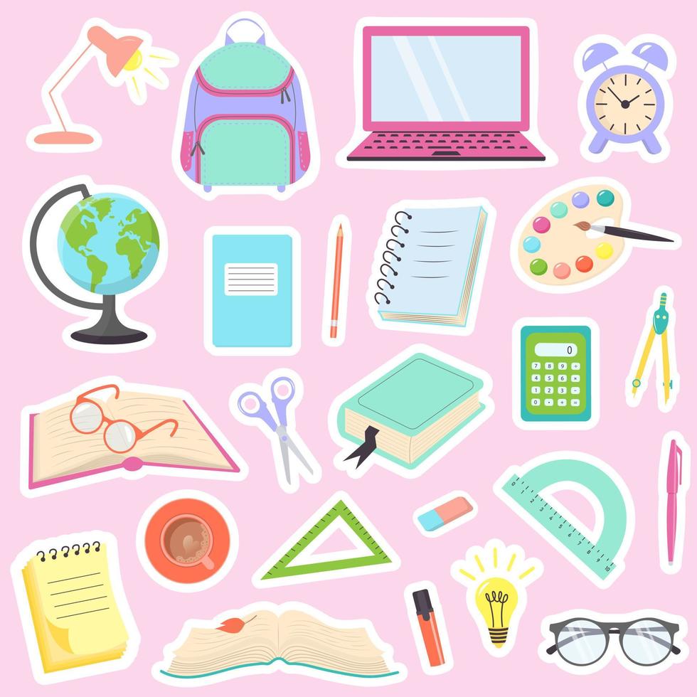Collection of stickers with school supplies and stationery. Scrapbooking elements. School and education concept. vector