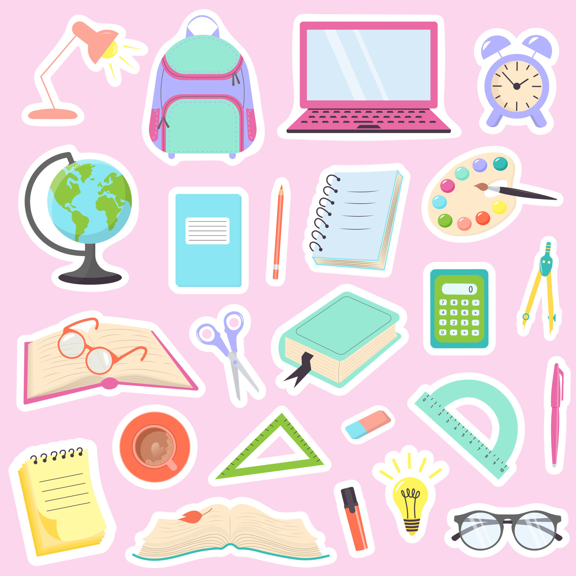 Collection of stickers with school supplies and stationery