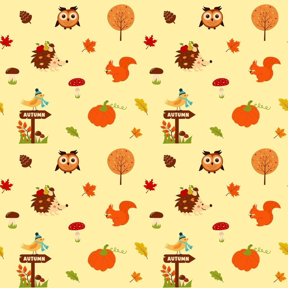 Seamless pattern with hedgehog, owl, squirrel, bird on roadsign, mushrooms, pinecone, tree, pumpkin and autumn leaves. vector