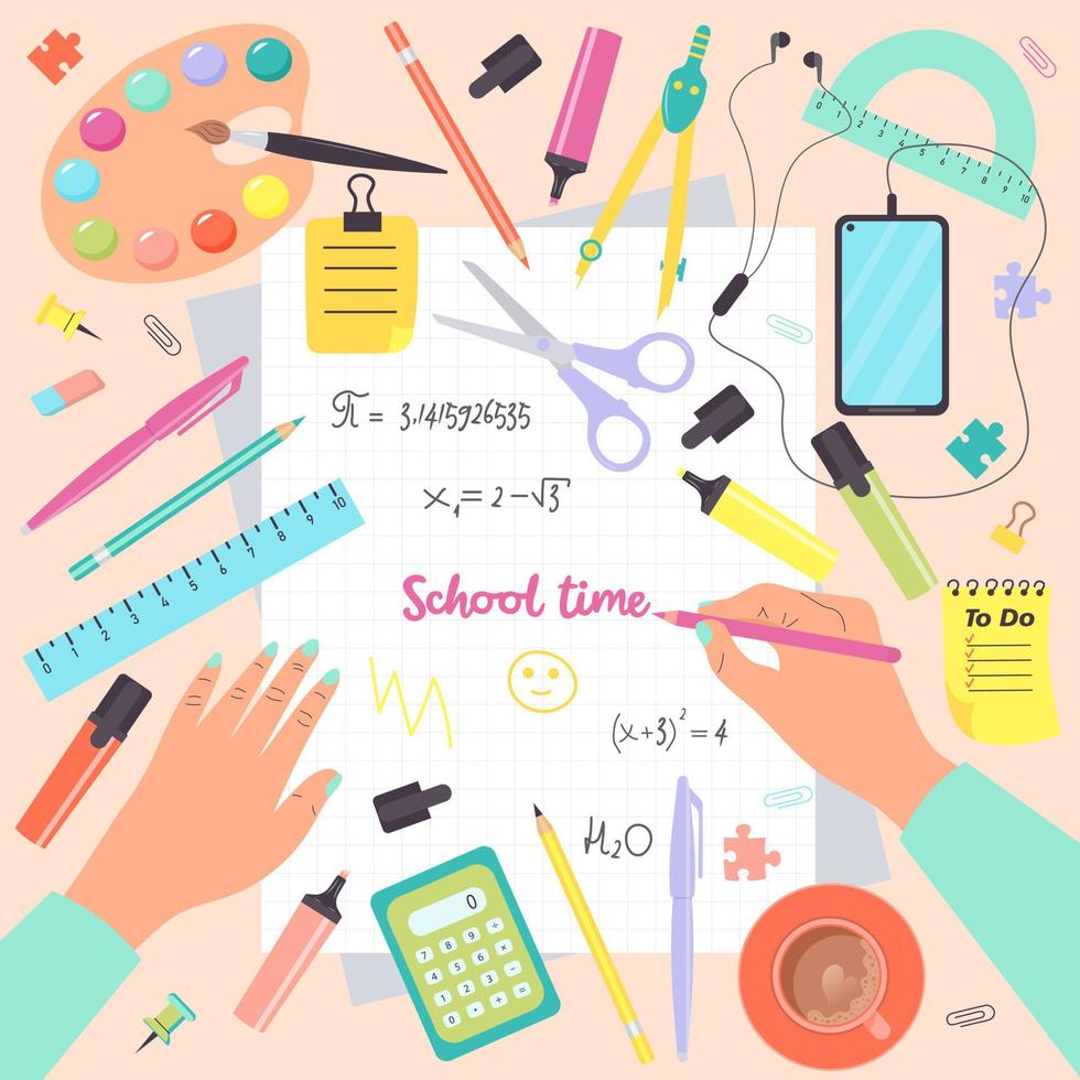 Top view of desk with human hands writing in notebook and school supplies. School time. Colorful set of school objects arranged on a desk from top view. vector