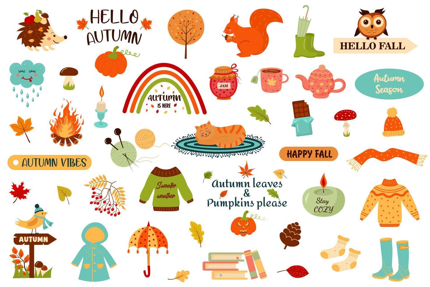 Big autumn set. Hand drawn elements - quotes, fall leaves, forest animals, cozy things. vector