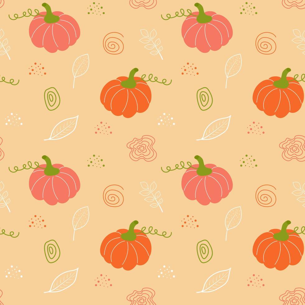 Seamless pattern with pumpkins, autumn leaves and boho elements. vector