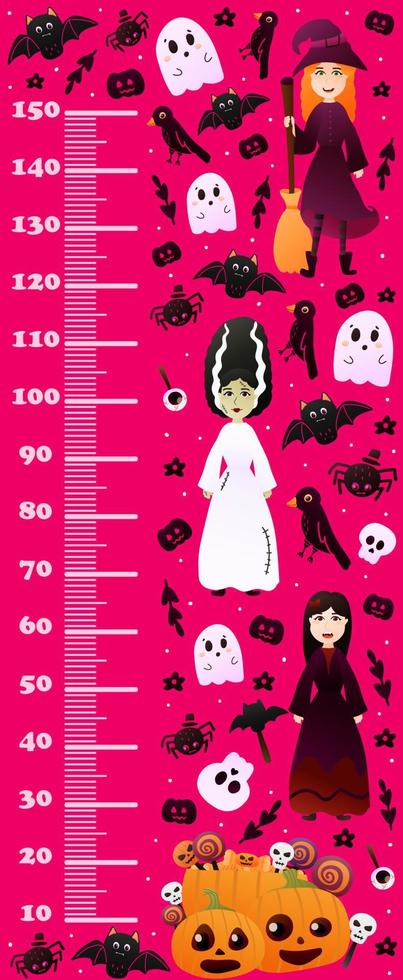 Halloween growth chart for kids with witch, vampire characters and pumpkins with ghosts on pink background, colourful printable height meter in cartoon style vector