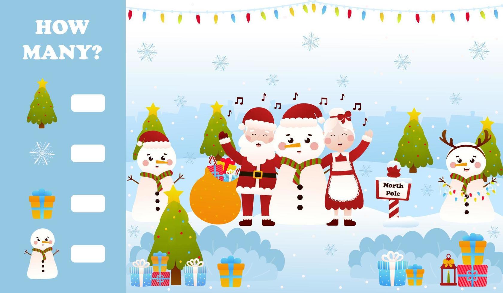 Christmas riddle for kids with santa claus and mrs claus singing carols with snowman, printable worksheet for children in cartoon style, how many game vector