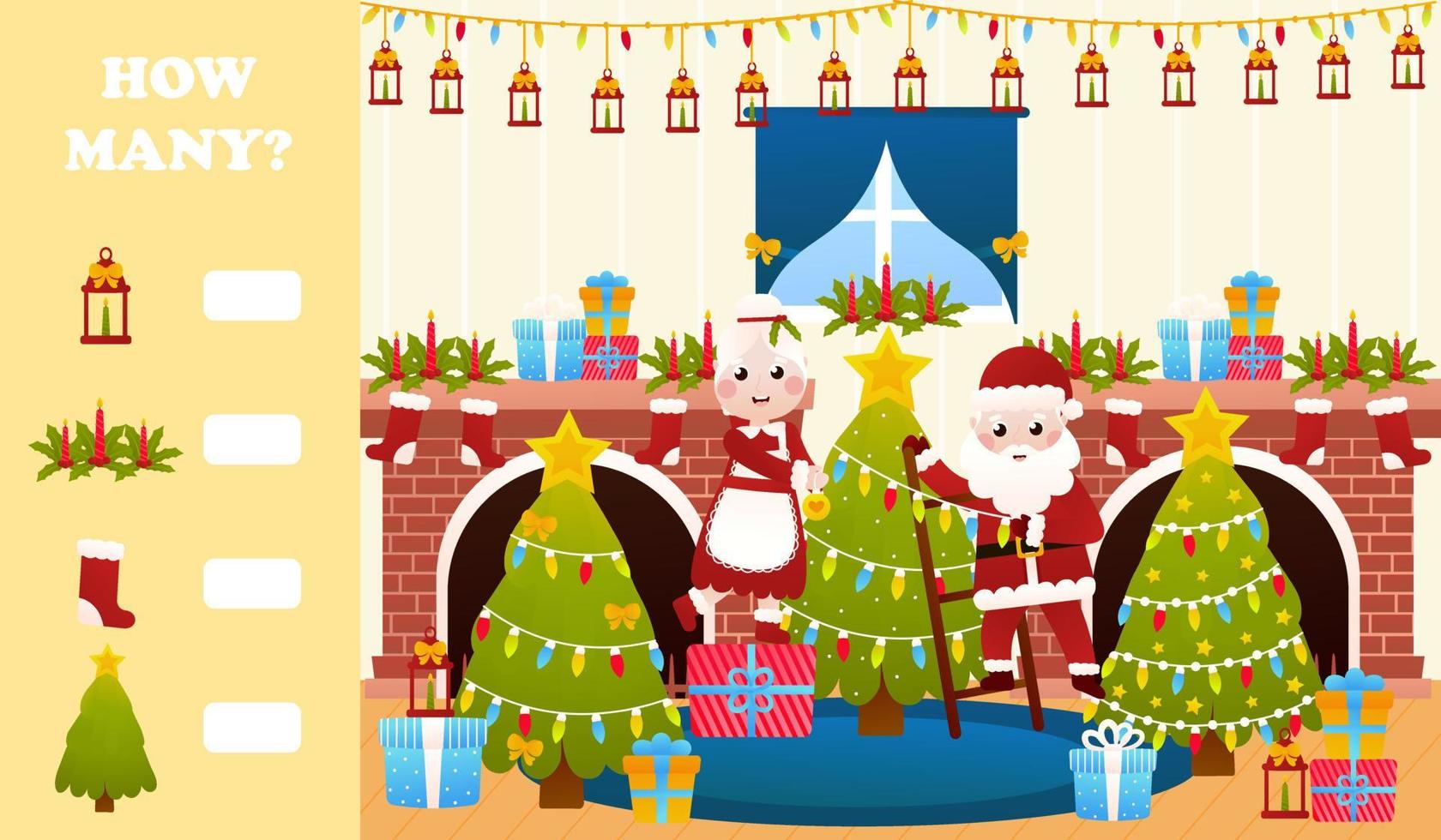 acertijo navideño para niños con santa claus y la señora claus decorando el árbol, hoja de trabajo imprimible para niños en estilo de dibujos animados, cuántos juegos vector