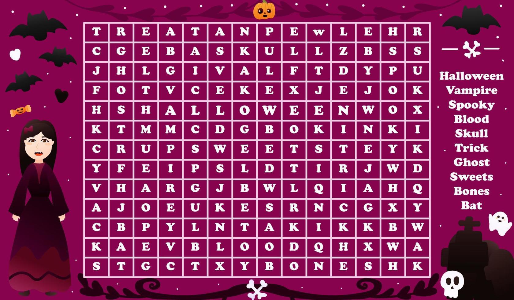 Word seach game for kids with cute vampire character for halloween party, spooky riddle for worksheet or children books with skulls, bats and tombs in cartoon style on dark background vector