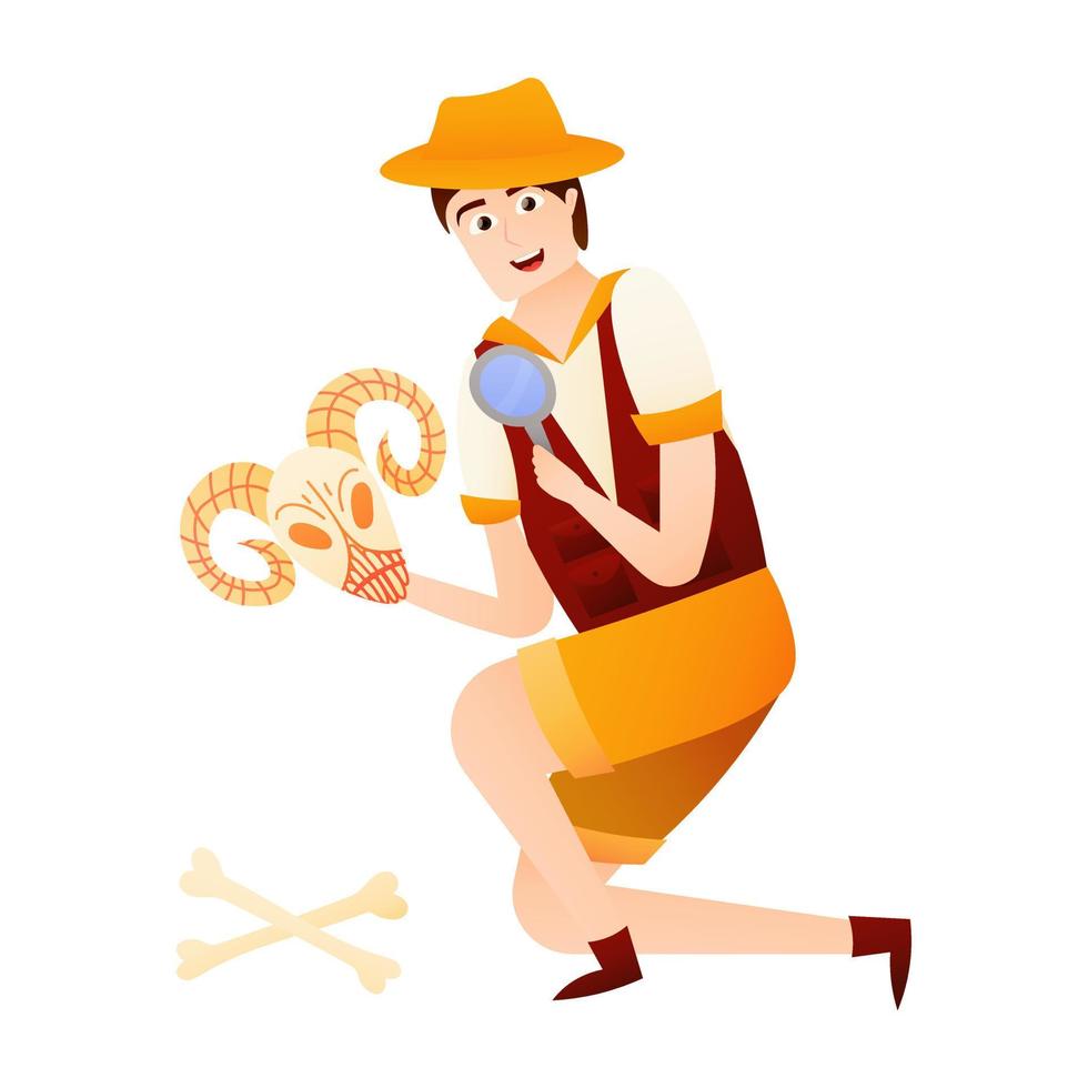 Fossil discovery, man archaeologist holding skeleton in cartoon style isolated on white background, animal skull, ancient history vector