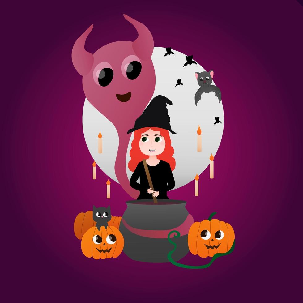 Happy Hallowen illustration on purple background cute witch boiling potion in cauldron, bat flying around, big moon, dark cat sitting in pumplin, kawaii ghost, symbols of witchcraft vector