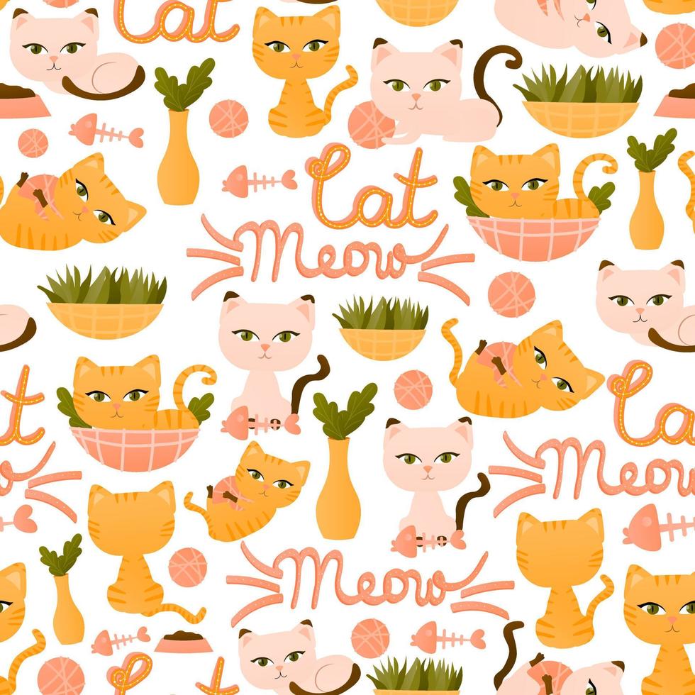 Seamless pattern with red and light beige cat in differenet poses with fish or clew, house palnts and cat meow lettering vector