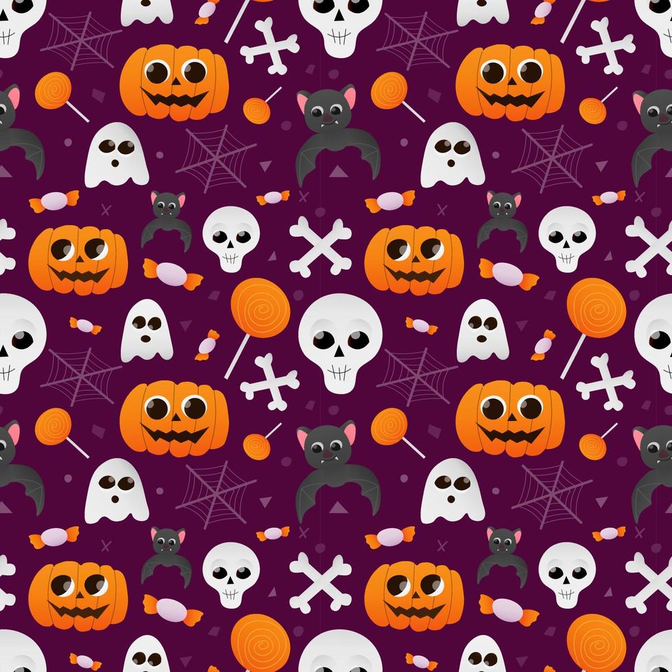 patrón transparente de Halloween con calabazas, fantasmas, murciélagos, calaveras y dulces para textiles, estampados, papel de regalo de vacaciones, fiesta de truco o trato vector