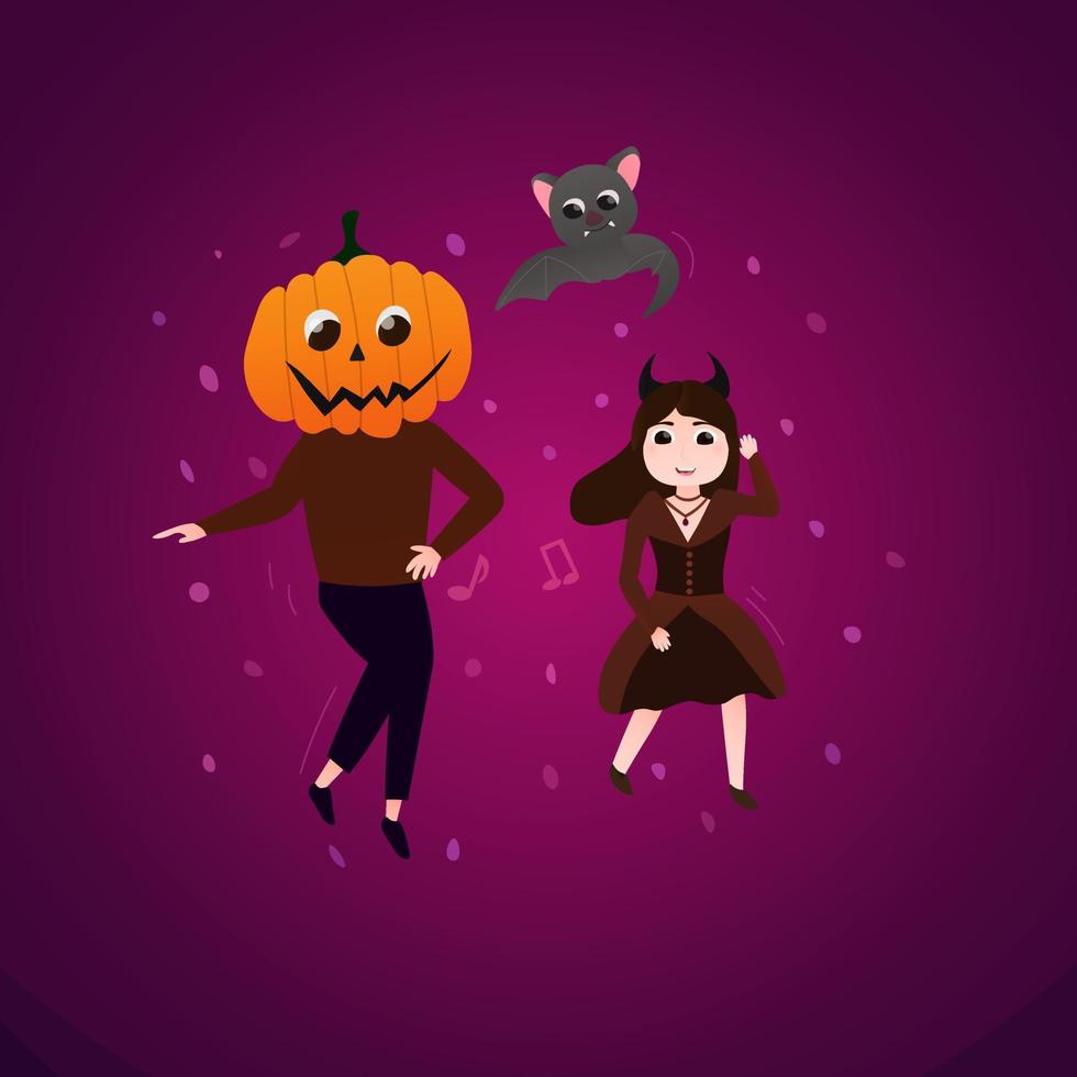 Halloween characters dancing swing on purple background, cute kids in costume, celebrate holiday, themed party vector