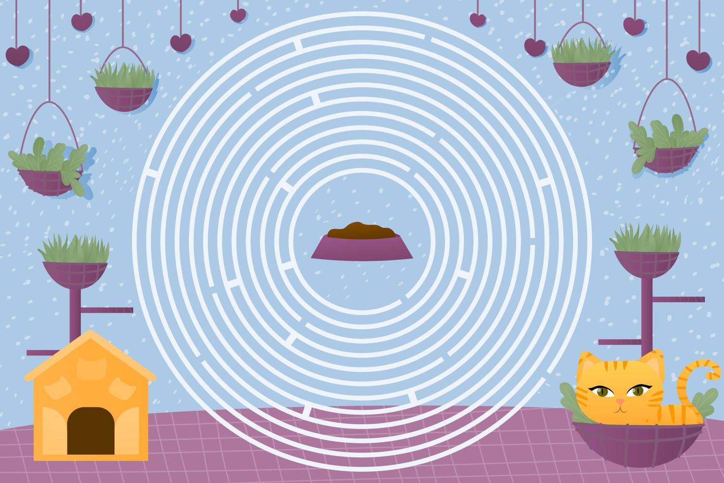 Circle maze with cute cat character, help to find way to food, colourful riddle for children books and worksheet vector