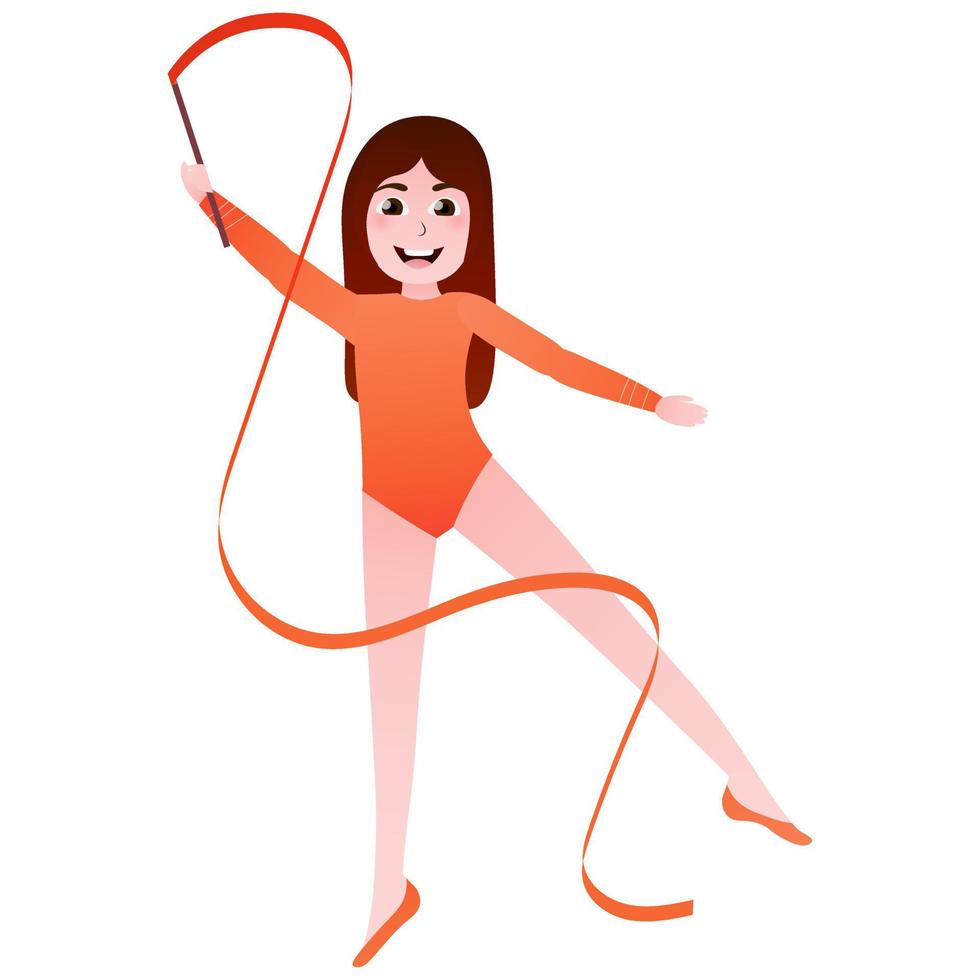 Flexible gymnasts training with ribbbon in gym, proffesional girl doing atletics exersices, preparing for competitio, fitness pose in cartoon style, afterschool activity, aerobic perfomance vector