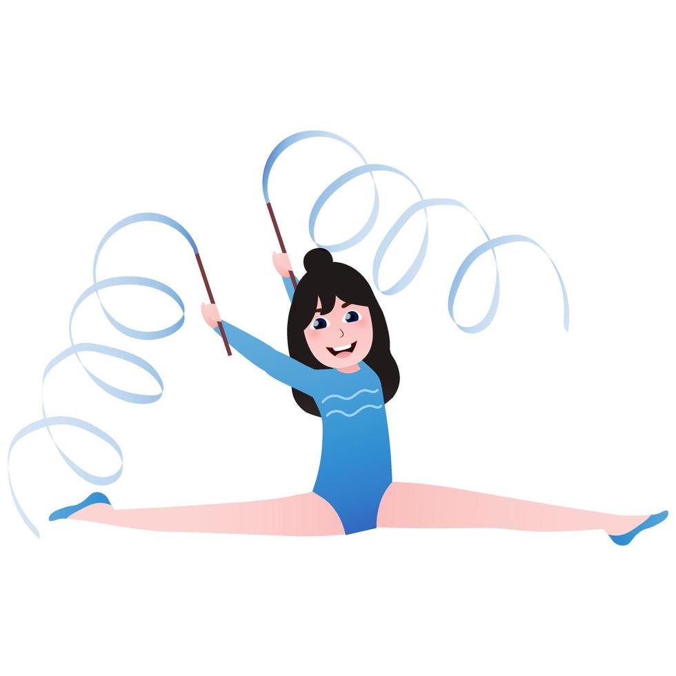 Cute girl doing atletics excersices on twine with ribbon in blue tutu, litttle ballerina training, afterschool activity in cartoon style on white background, gymnasts in gym vector