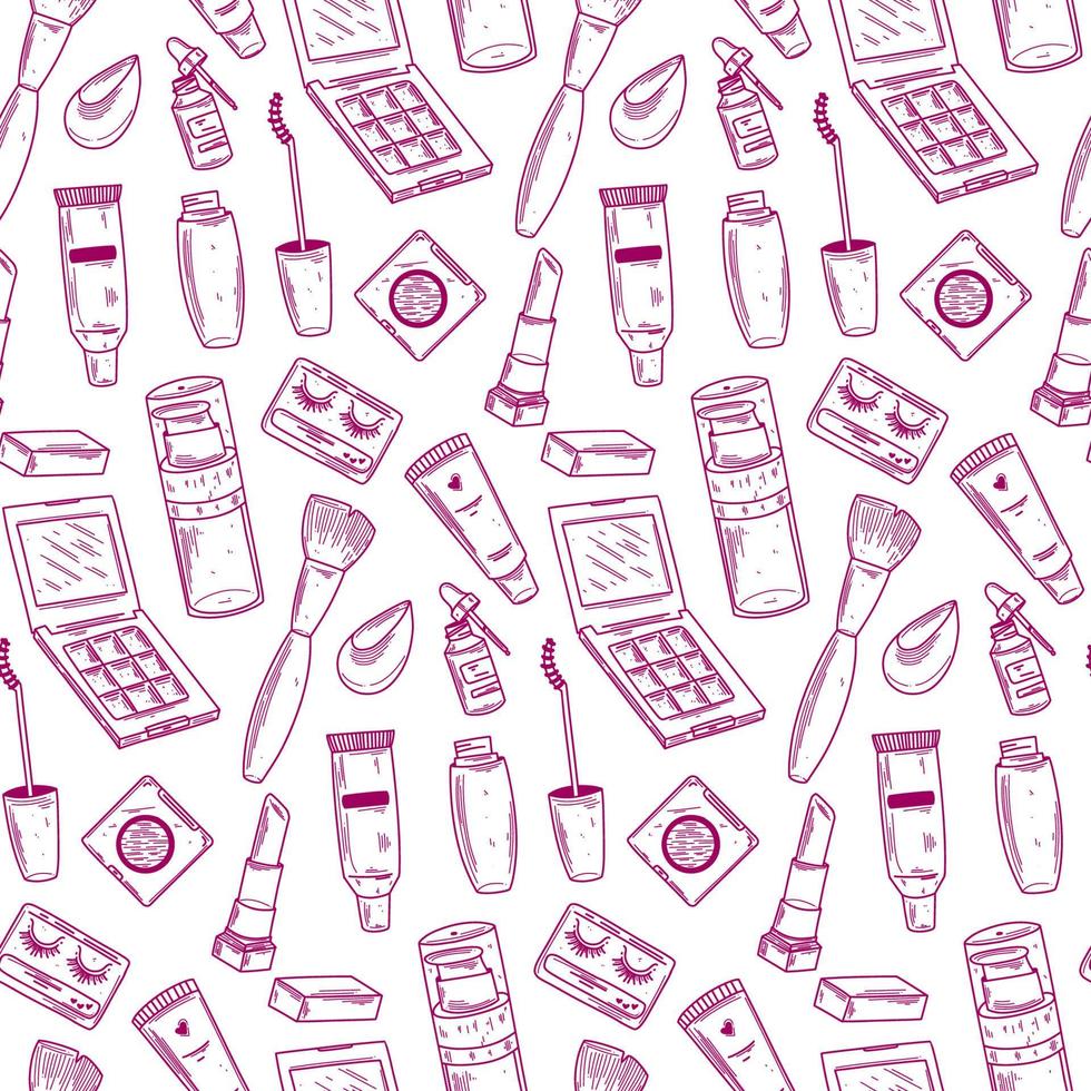 Make up doodle pattern with lipstick, cream, mascara, shades, brushes. Make up and cosmetic vector background. Beauty make up fashion doodle seamless pattern