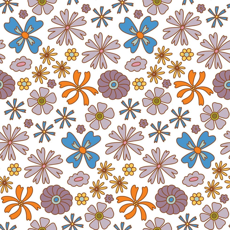 Groovy retro boho flor de patrones sin fisuras, papel digital vintage de los años 70. fondo de flores dibujadas a mano para tela, textil, papelería, papel tapiz vector