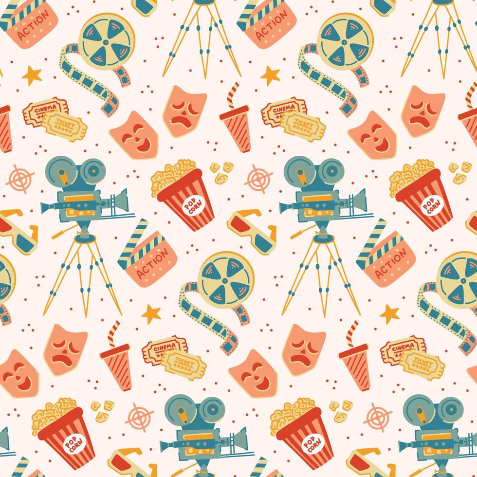 Flat cinema seamless pattern design with film reel, clapper, popcorn, 3D glasses. Hand drawn flat vector background