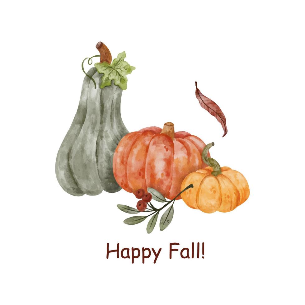 Watercolor composition of colorful pumpkins and autumn leaves. Halloween and Thanksgiving day vector composition of pumpkins