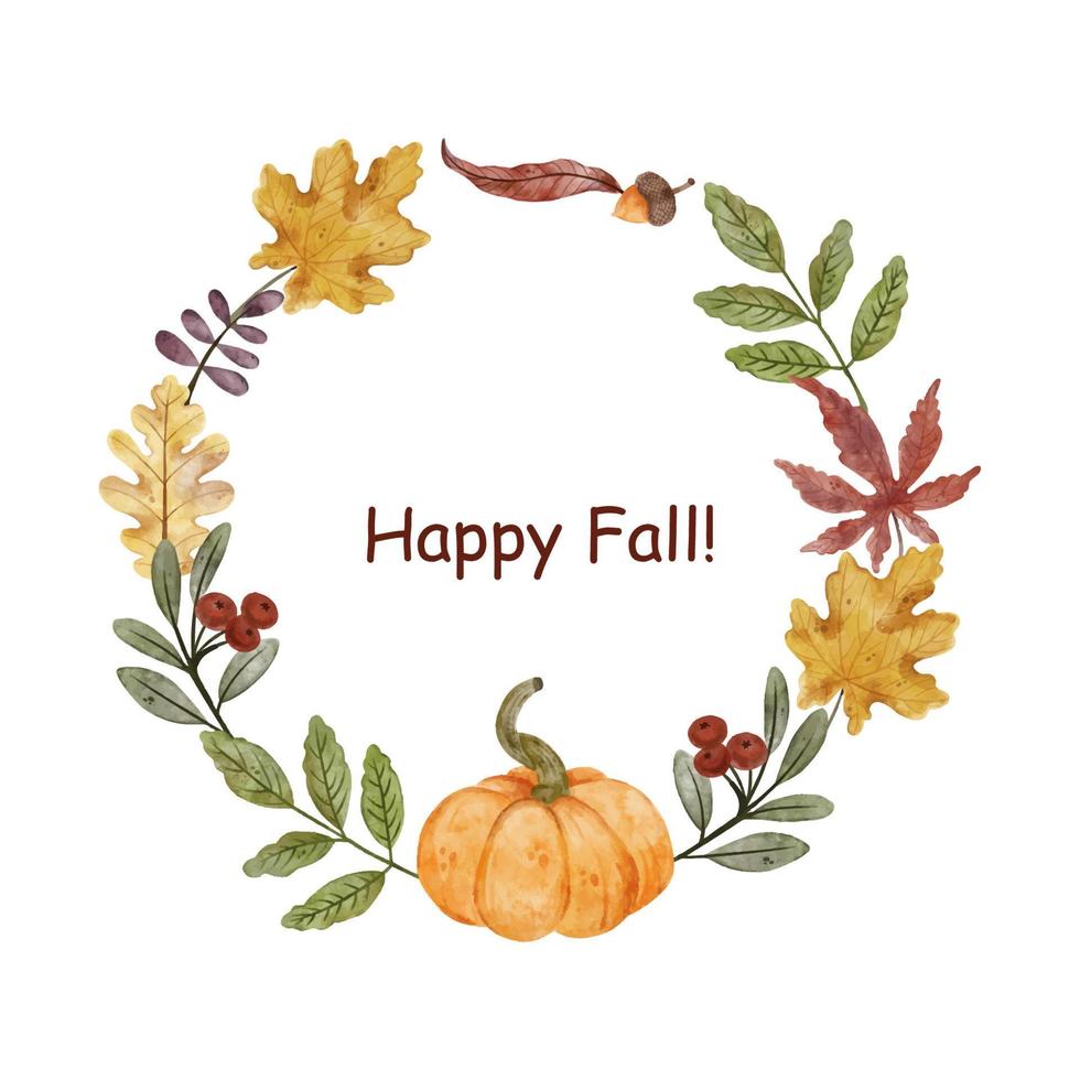 watercolor vector wreath of autumn leaves of maple,berries and pumpkin on a white background