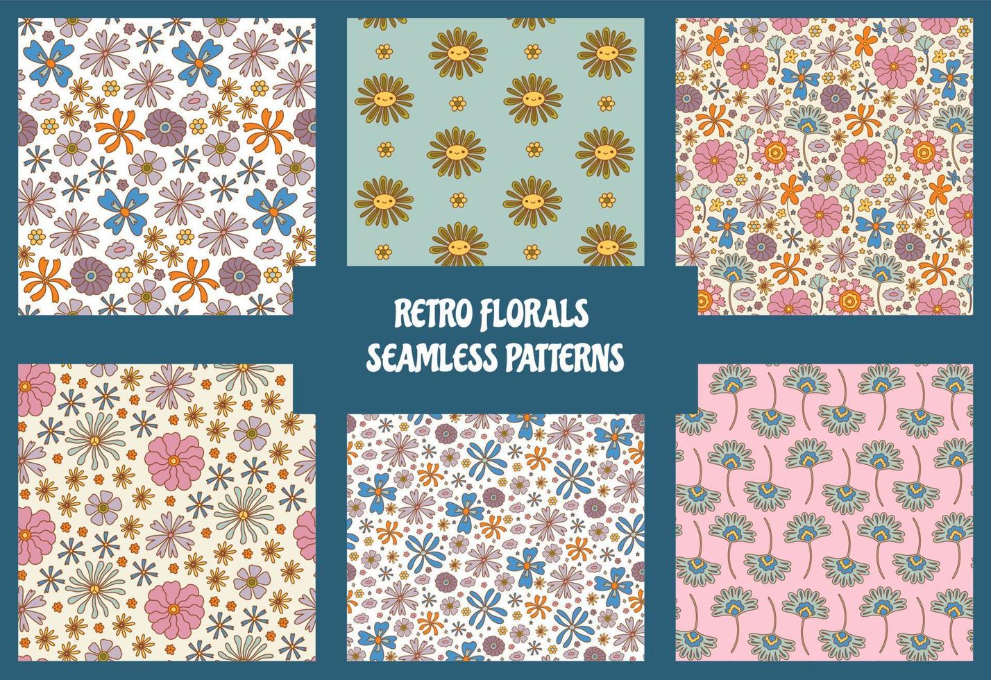 Groovy flowers seamless pattern collection. Trendy floral background set of vintage 70s style flower illustration. Flat Design, Hippie Aesthetic. Vector Illustration