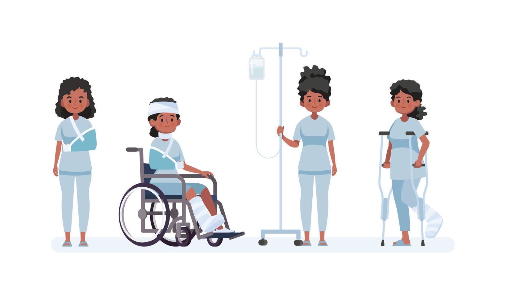Set of sick black women in different characters. vector