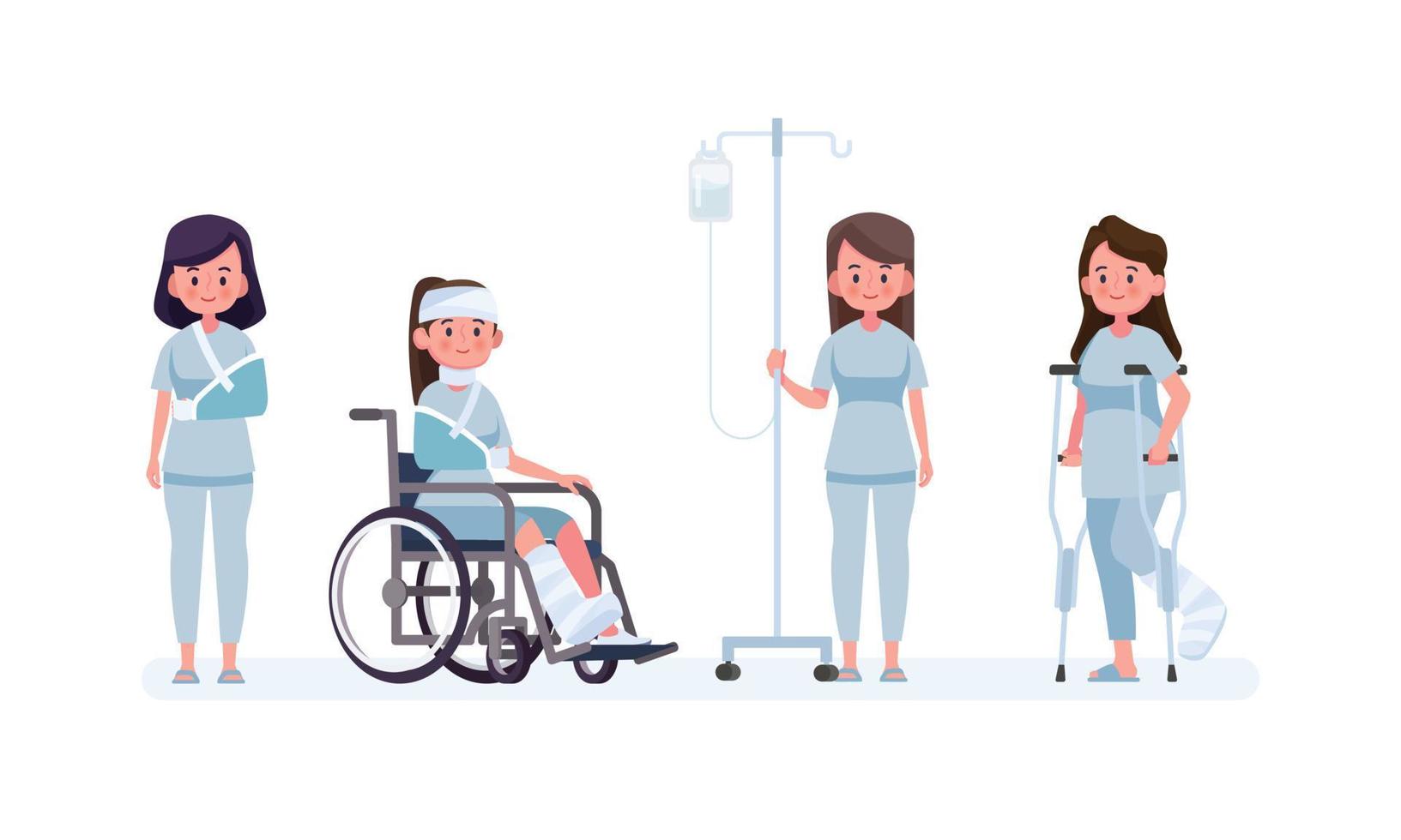 Set of sick women in different characters. vector