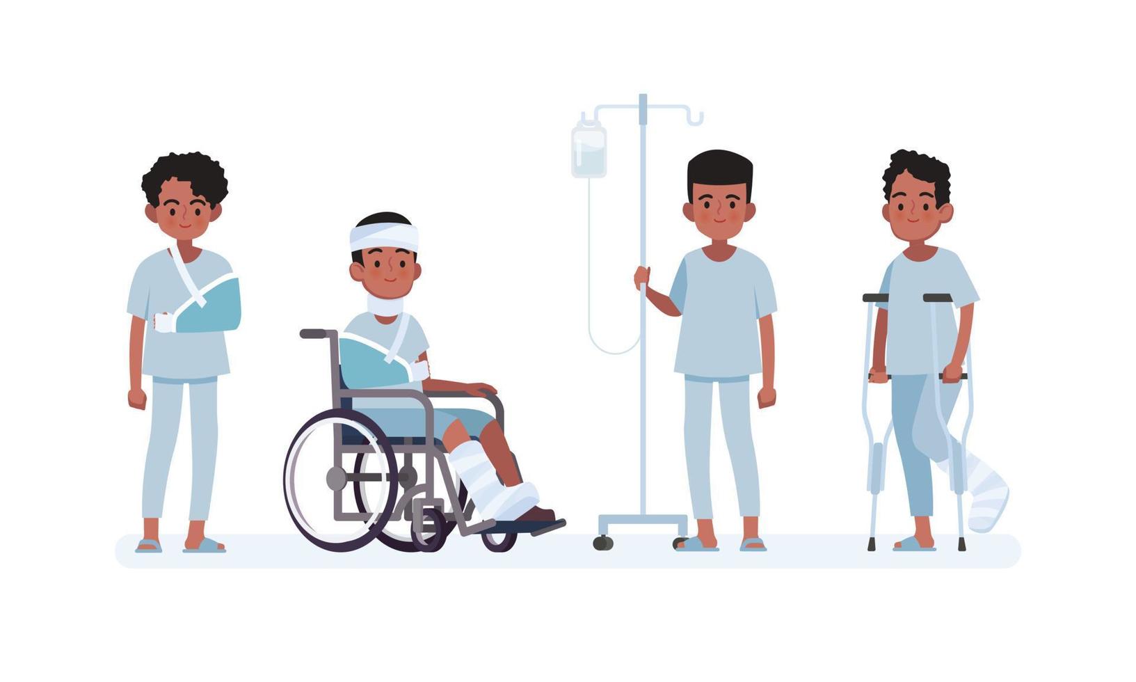 Set of sick black men in different characters. vector