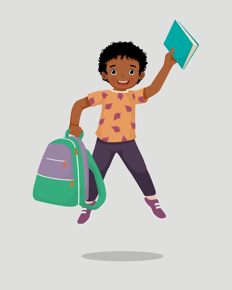 Happy little African boy student with backpack holding book and pen jumping feeling excited to be back to school vector