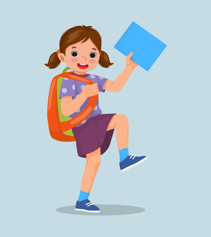 cute little girl student with backpack holding book and pen walking feeling excited to be back to school vector