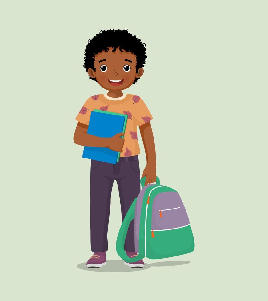 Happy little African boy student with backpack holding book and pen feeling excited to be back to school vector
