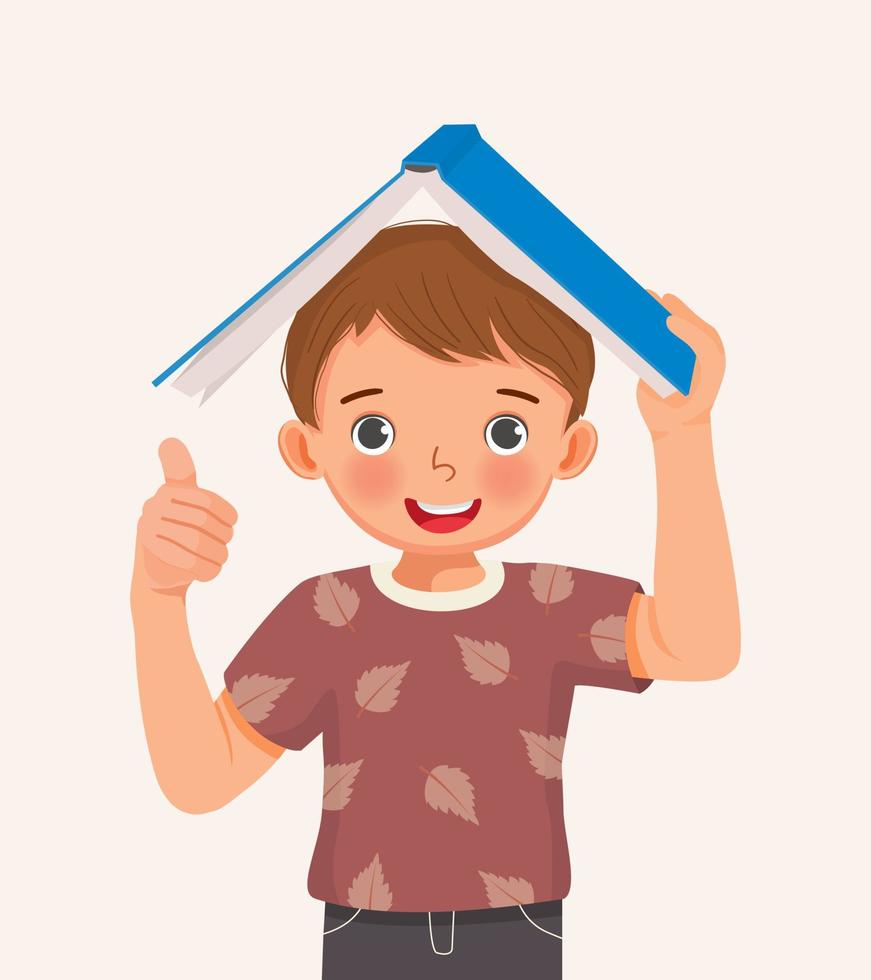 lindo niño estudiante sosteniendo un libro en su cabeza mostrando el pulgar hacia arriba vector