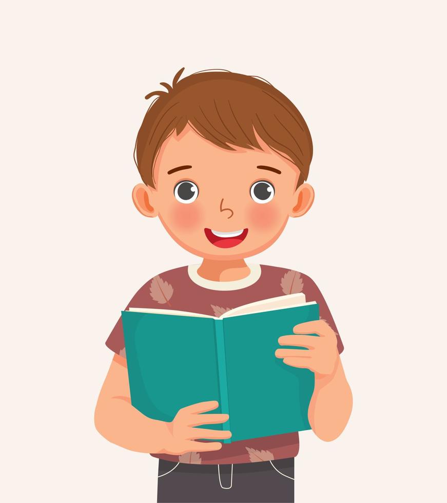 cute little boy student holding book reading vector